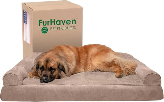 Furhaven Orthopedic Dog Bed for Large Dogs w/ Removable Bolsters & Washable Cover, For Dogs Up to 125 lbs - Plush & Suede Sofa - Almondine, Jumbo Plus/XXL-PurrikoPets