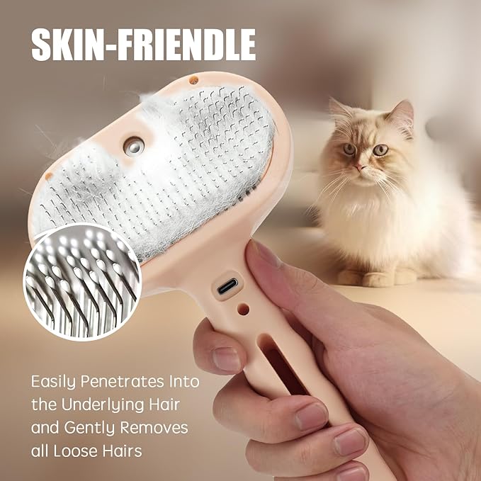 3-in-1 Pet Steam Brush, Grooming Comb with Water Tank for Cats and Dogs, Long and Short Hair (Pink)-PurrikoPets