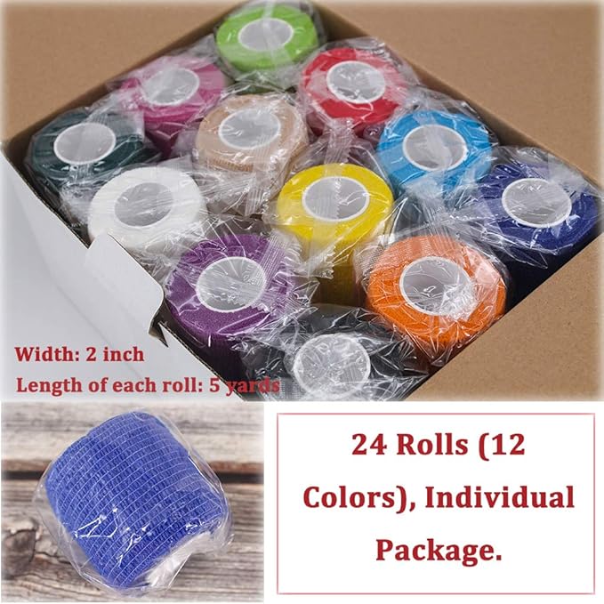 24 Pack Breathable Self Adherent Wrap, Athletic Elastic Non Woven Cohesive Bandage for Sports, First Aid Medical, Wrist, Ankle Sprains, Swelling and Vet Wrap 2 Inch 5 Yards (Rainbow Color).-PurrikoPets