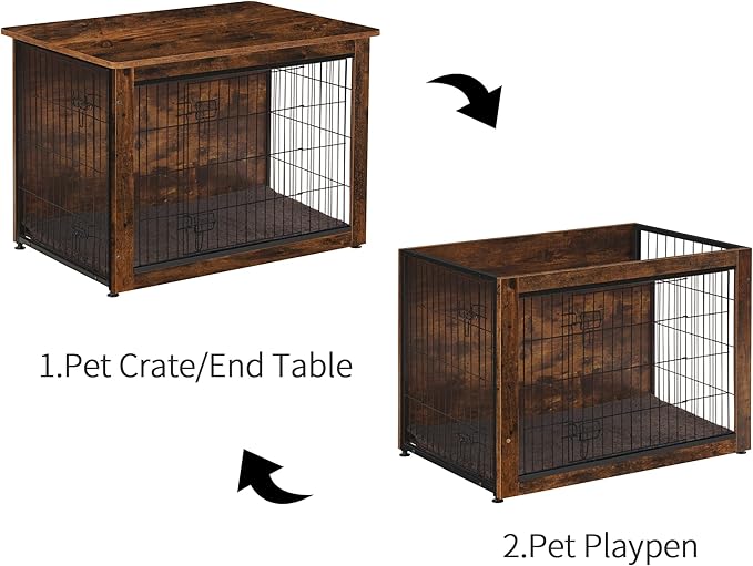 DWANTON Dog Crate Furniture with Cushion, Wooden Kennel Table with Double Doors, Indoor Dog House, Large Size, 38.5" L, Rustic Brown-PurrikoPets