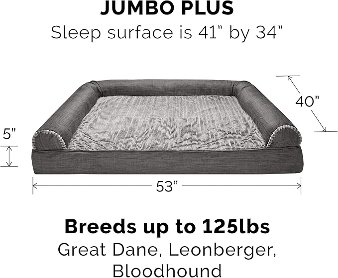 Furhaven Orthopedic Dog Bed for Large Dogs w/ Removable Bolsters & Washable Cover, For Dogs Up to 125 lbs - Luxe Faux Fur & Performance Linen Sofa - Charcoal, Jumbo Plus/XXL-PurrikoPets