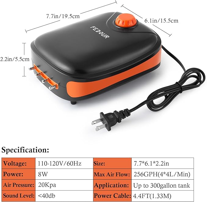FEDOUR 4W/5W/8W Aquarium Corded Electric Air Pump, 96GPH/160GPH/256GPH Dual Outlets 4 Outlets Oxygen Pump, Ultra Quiet Aquarium Bubbler for up to 300 Gallon Fish and Turtle Tank-PurrikoPets
