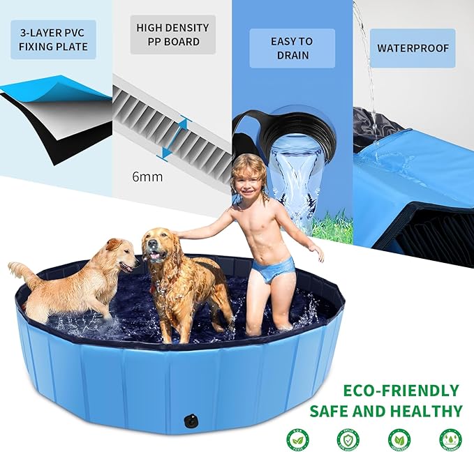 Foldable Dog Pool, 87" x 14" Large Kiddie Pool with Hard Plastic, Non-Slip Dog Bath Tub for Outdoor Backyard, Collapsible Dog Swimming Pool for Kids Dogs Pets (Blue)-PurrikoPets