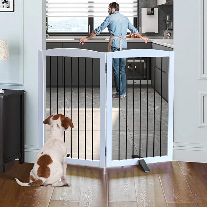 Freestanding Panel Dog Gate for Indoor, Doorways,Stairs, or Hallways,Foldable Wooden Dog Gates for House,Pet Gate for Dogs,Dog Fence, Puppy Gate,Support Feet Included,32 "Height-2 Panels,White-PurrikoPets