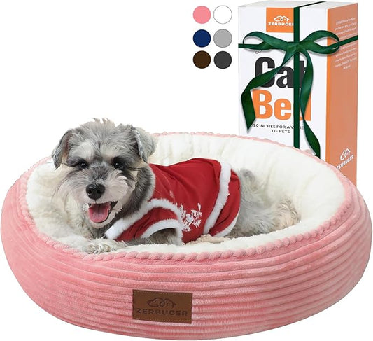 23in Pink Round Cat Dog Bed for Large Medium Small Dogs Cats, Machine Washable Sleeping Sofa, Non-Slip Bottom Breathable Soft Calming Pet Cuddler for Indoor/Outdoor/Car/Cage-PurrikoPets