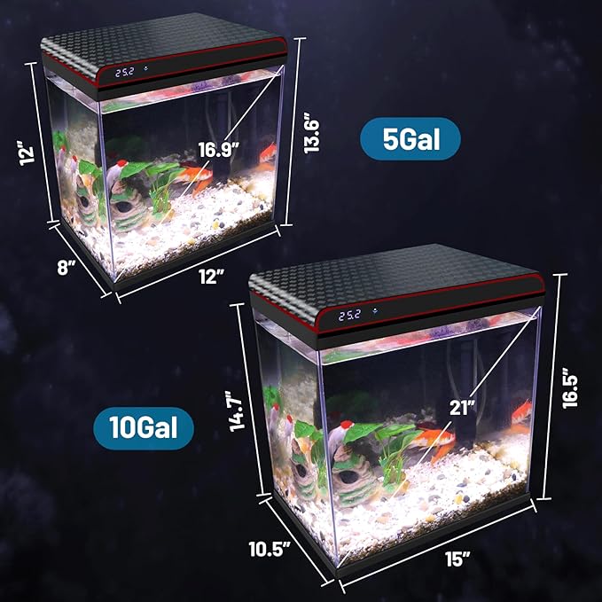 5 Gallon Glass Fish Tank Aquarium Starter Kit - Self-Cleaning, Ultra-Quiet Filter Pump, 3-Color LED Lights, Smart Temp Monitoring for Betta Fish, Shrimp, Kids Gift-PurrikoPets
