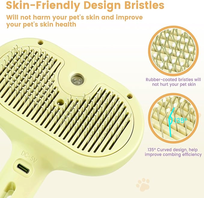 3 in 1 Cat Steam Brush, Pet Spray Hair Removal Comb for Shedding & Grooming, Water Brush for Cats Dogs Small Animals Long Short Haired with One-Click Release Button(Yellow)-PurrikoPets