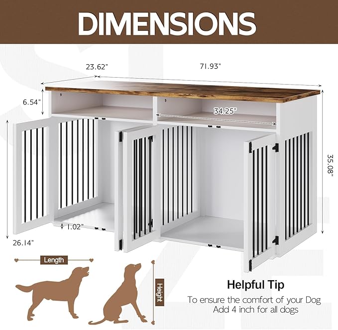 72'' Dog Crate Furniture for 2 Dogs, Wooden Dog Cage with Storage Compartment, Indoor Dog Kennel with 4 Doors for Large/Medium Dogs, White-PurrikoPets
