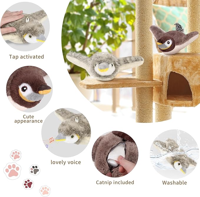 2 PCS Cat Toys, Flapping Bird Cat Toy(No Flying), Interactive Catnip Toy with Catnip Bags, Chirping Noise Moving Wings Dog Cat Kitten Toys, Flappy Flying Pets Toy for Indoor(Brown&Gray Sparrow)-PurrikoPets