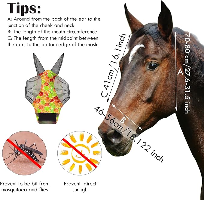 Frienda 4 Pieces Horse Fly Masks with Ears Face Covering UV Protection from Insect Pests Elasticity Smooth Comfortable Mesh Horse Mask Accessories(Fruit,Medium)-PurrikoPets