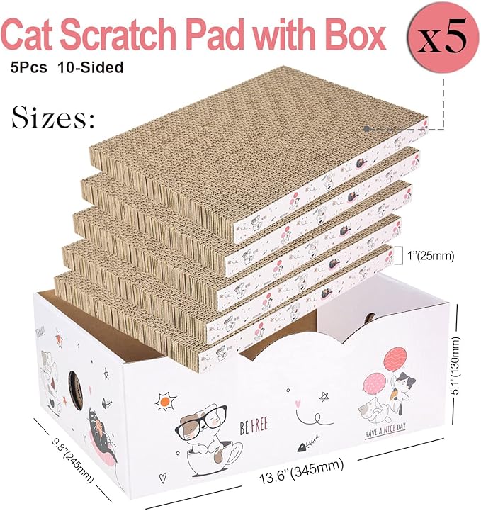 5 Packs in 1 Cat Scratch Pad with Box, Cat Scratcher Cardboard,Reversible,Durable Recyclable Cardboard, Suitable for Cats to Rest, Grind Claws and Play with Scratch Box-PurrikoPets