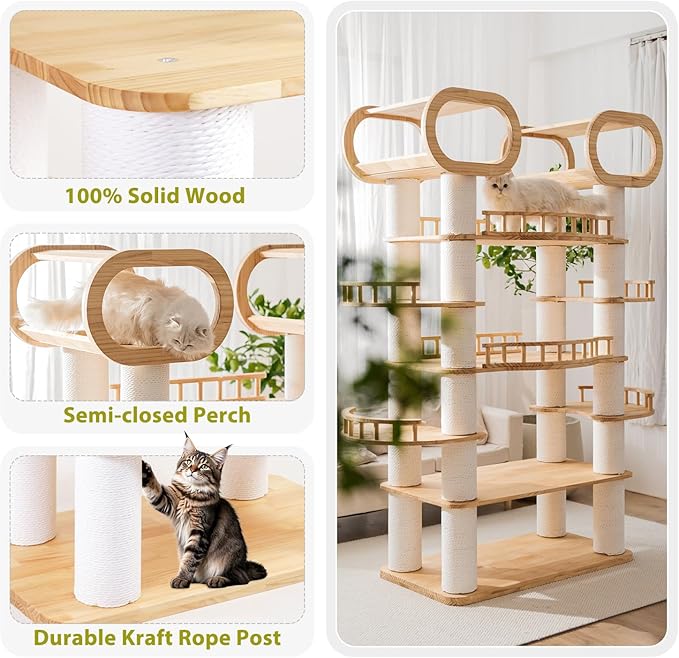 76.8'' Modern Cat Tree, Tall Cat Tower for Indoor Cats, Pine Wood Climb Tower with 2 Removable Mats, Heavy Duty Cat Furniture with Fully Wrapped Scratching Post, Huge Cat Condo for Multi-Cat Families-PurrikoPets