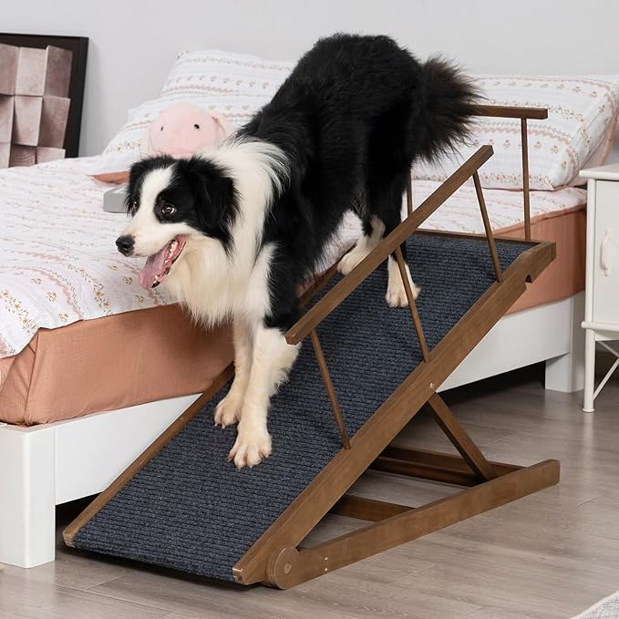 Dog Ramp for Bed Couch - Pet Steps Stairs to Get on Bed Couch 15.7"-23.6" High for Small or Large Dog Up to 200 lbs, Adjustable Wooden Dog Ramp Steps Foldable Portable, Anti-Slip Carpet (Brown)-PurrikoPets