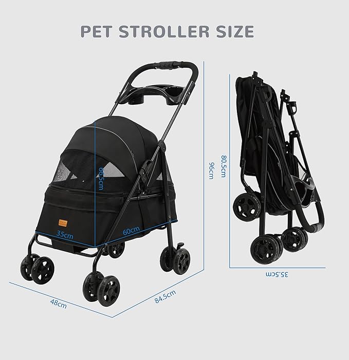 4 Wheels Pet Stroller,One-Click Folding Portable Folding Dog Cat Stroller,Sunshade, Storage Bag, Waterproof Oxford Fiber，Breathable and Visible Mesh for Small/Medium Pets up to 33 lbs,Black ﻿-PurrikoPets
