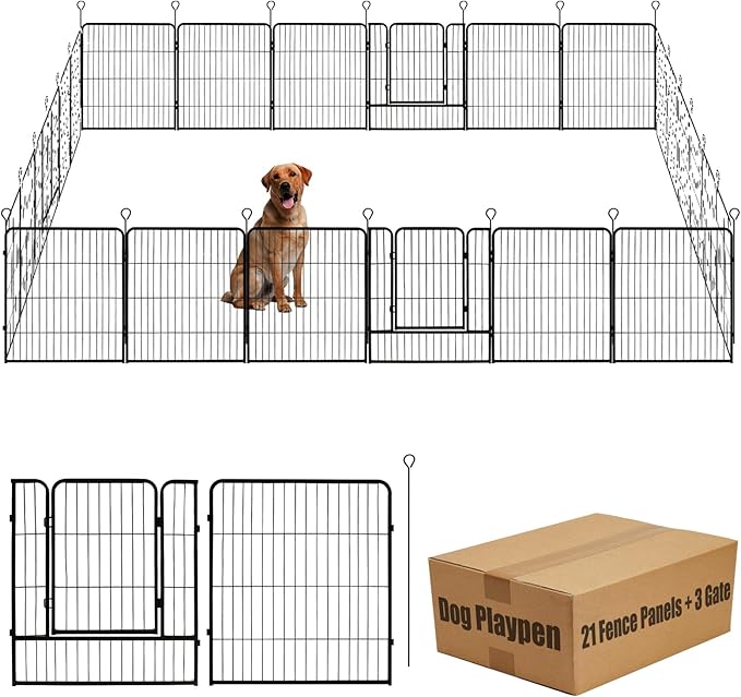 Dog Playpen,24 32 40 48 in(H) Pet Fence Outdoor for Rv Camping,Garden Fence Medium Animal Barrie for Yard,11Ft(L)-56Ft(L) Black Metal Temporary Fencing-PurrikoPets