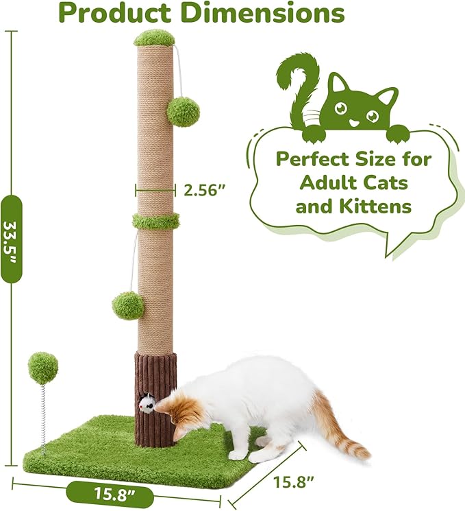 33" Tall Cat Scratching Post for Indoor Cats, Premium Sisal Scratch Posts with Cat Toys and Fun Mouse Holer for Cats at All Ages, Scratcher Tree with Reinforced Stable Base (Green)-PurrikoPets