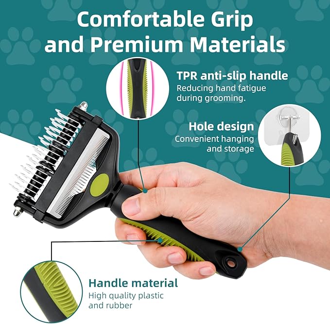 3-IN-1 Pet Grooming Tool - Undercoat Rake, Dematting Comb & Deshedding Brush for Cats & Dogs - Removes Mats, Tangles & Loose Fur, Reduces Shedding & Prevents Hair Mess (Green)-PurrikoPets