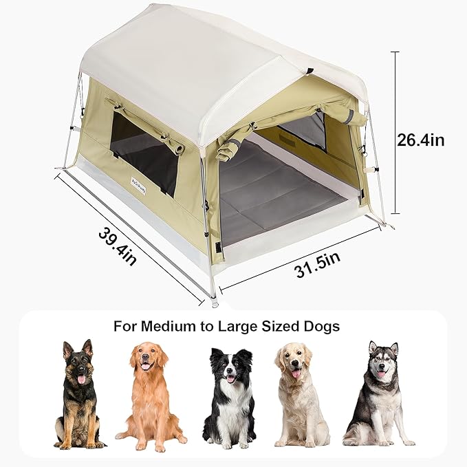 Dog Tent Cotton Fabric, Aluminum Poles and Camping Mat, Outdoor Weatherproof, Dog House Outdoor, Breathable with 2 Side Windows, Portable and Collapsible (Green, Large)-PurrikoPets