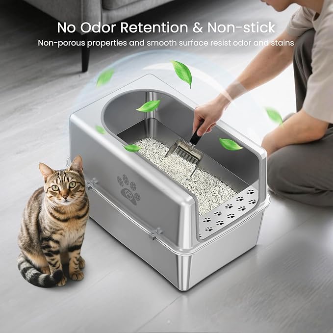 Enclosed Stainless Steel Cat Litter Box with Lid, Metal Litter Box for Big Cats, Extra Large Cat Toilet with High Side, Non-Stick, Anti-Leakage, Odorless, with Cats Litter Mat & Litter Scoop-PurrikoPets