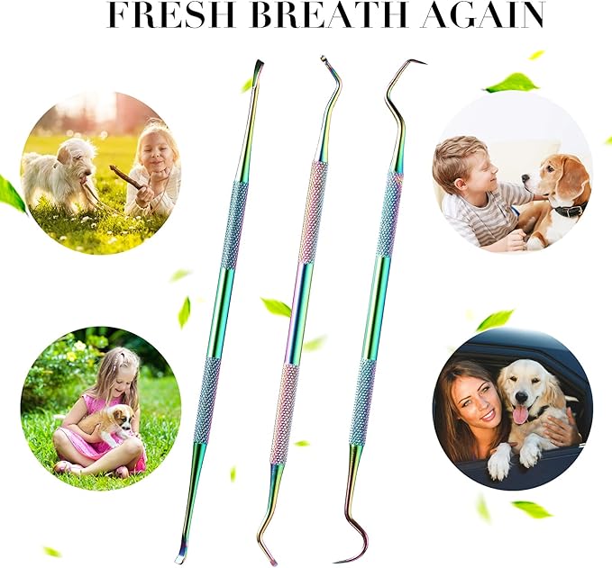 3 Pieces Dog Dental Tooth Scaler and Scraper Stainless Double Headed Tarter Removing Tool Scraper Pet Teeth Cleaning Tools for Dog and Cat (Rainbow Color)-PurrikoPets