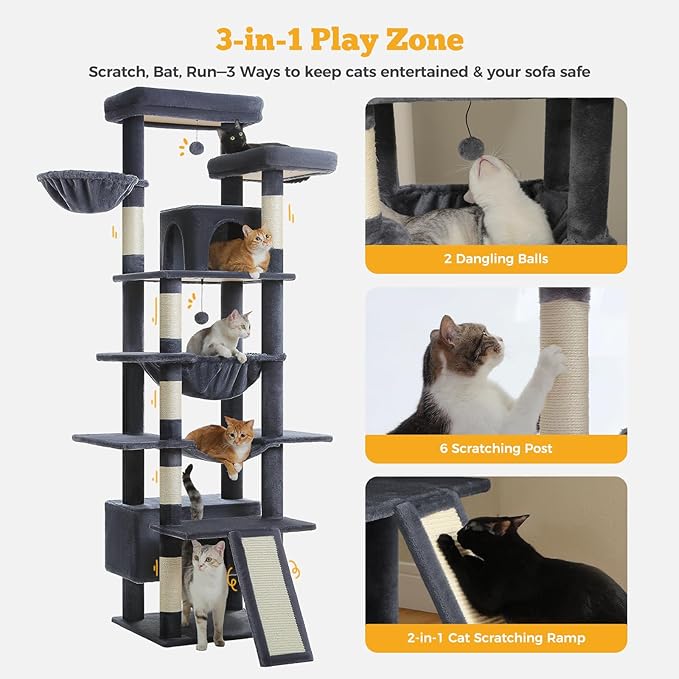 81" Heavy Duty Cat Tree for Large Cats up to 20lbs - Extra Tall Cat Tower with Metal Frame Hammock, 6 Sisal Scratching Posts, 2 Perches - Indoor Cat Furniture for Maine Coon, Dark Gray-PurrikoPets