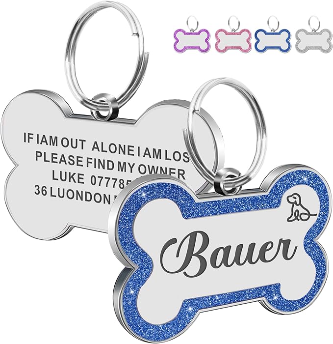 Dog Tags Personalized for Pets Dog Name Tags Personalized Dog Tag Engraved with Any Name & Text Custom Dog ID Tags Glitter Bone ID Tag for Puppy Cat (Blue S, Bone)-PurrikoPets