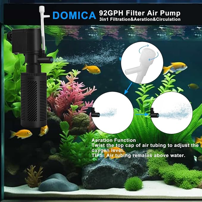 DOMICA Small Aquarium Filter with Aeration System 92GPH 5W Internal Filter for 3 to 10 Gallons Fish Tank, Submersible Fish Tank Filter with 4-pack Pre-filter Sponge-PurrikoPets