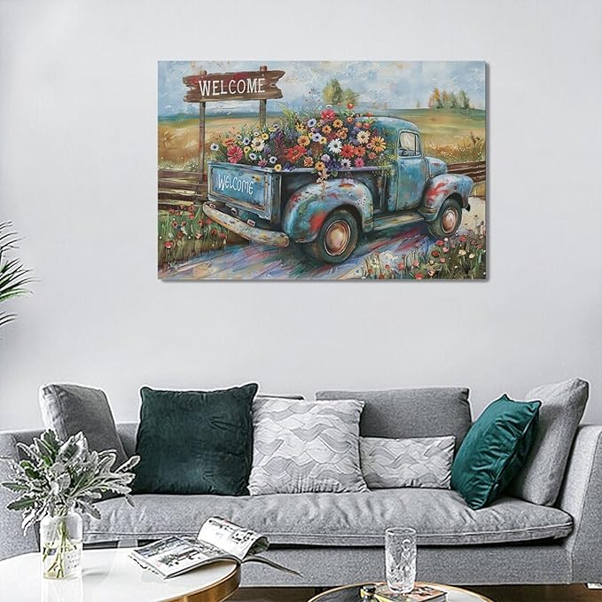 Farmhouse Truck Wall Art Rustic Country Wildflowers Wall Decor Road Flowers Landscape Pictures Canvas Print Painting Artwork for Bathroom Living Room Bedroom 16"x24"-PurrikoPets