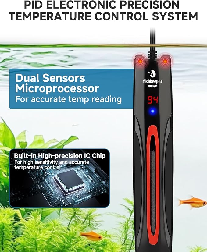 fishkeeper 800W Submersible Aquarium Heater for 80-220 Gal Fish Tanks (Run-Dry/Overheat/Low-Temp Protection)(Precision Electronic Smart Thermostat)(Adjustable Temperature) Ultra-Safe Fish Tank Heater-PurrikoPets