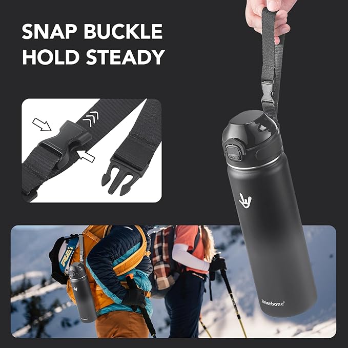 Enerbone 24 oz Insulated Water Bottle, Stainless Steel Bottle with Carrying Strap, Double-Wall Vacuum Insulation Design, Leakproof Sports Bottle with Straw, Keep Drinks Cold or Hot for Hours-PurrikoPets