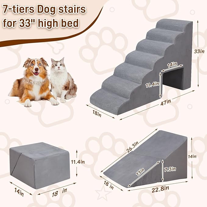 Dog Stairs & Steps for High Beds 30-36 inches High Tall, LitaiL 33inch 7 Steps Pet Stairs/Steps for High Beds Small Large Dogs, Non-Slip Dog Ramps/Ladder for Old Dogs/Cats-PurrikoPets