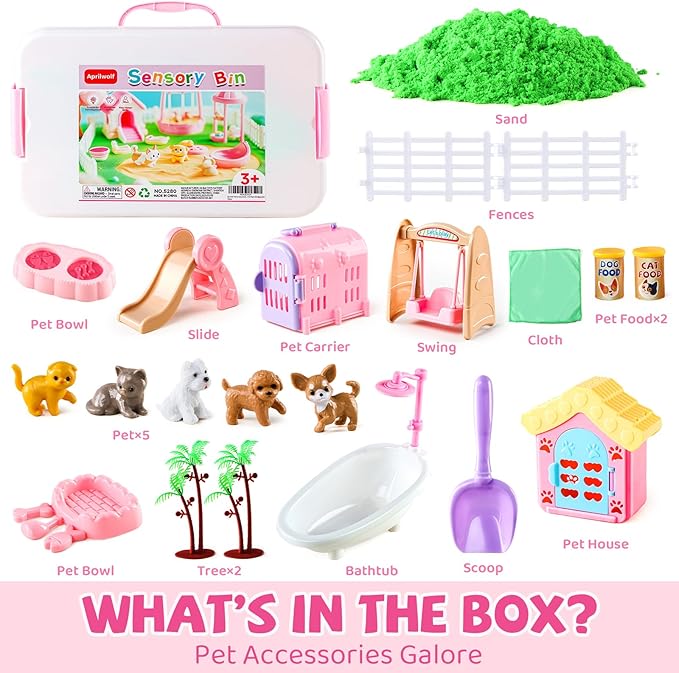 21 PCS Pet Sensory Bin, Dog & Cat Sandbox with Sand & Box, Play Sand Art Toys Kit, Pet Care Play Set, Beach Toys for Kids Ages 4-8, Birthday Gift Girls Boys 3 4 5 6 7 Years Old-PurrikoPets