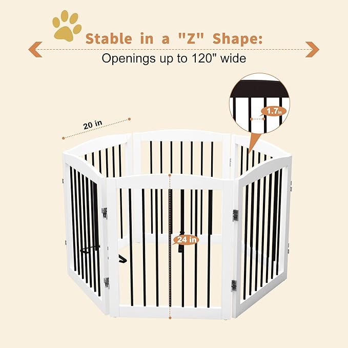Freestanding Pet Gate for Dogs, Foldable Wooden Dog Gate for House, Extra Wide Indoor Pet Barrier for Stair, Doorway, Hall, Support Feet Included, 120 Inch Wide, 6 Panels 24", White-PurrikoPets