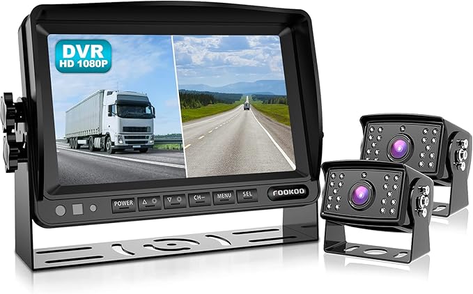 Fookoo Ⅱ 7" HD 1080P Wired Backup Camera System, 7-inch Dual Split Screen Monitor W/Recording IP69 Waterproof Front View Rear View Camera Parking Lines for Truck/Trailer/RV/Skid Steer (FHD2)-PurrikoPets