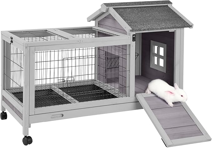 Aivituvin Rabbit Hutch Indoor Bunny Cage Outdoor Bunny House with Wire Floor Leakproof Plastic Tray-PurrikoPets