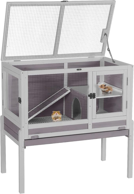 Aivituvin Wooden Guinea Pig Cages Indoor with Removable Stand, Anti Chewing Rabbit Hutch with Ramp and Wire Mesh, 2 Story Small Animals House Habitat with Pull Out Tray (Gray&Purple)-PurrikoPets