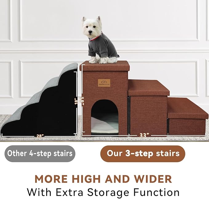 Dog Stairs with Condo 18" H, 3-Step Wider Dog Steps for High Beds Couch, Folding Storage Pet Stairs Gift for Small/Medium/Large Old Dogs Cats, Ramp for Climbing Car Up to 200 lbs, Brown-PurrikoPets