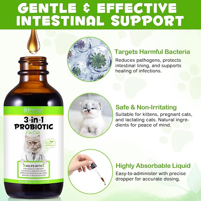 3 in 1 Probiotics for Cats, Cat Digestive Support,Daily Digestive Health Supplement with Multiple Strains of Bacteria Help with Diarrhea,Gas and Bloating, Cat Herbal Supplements- 60ml-PurrikoPets