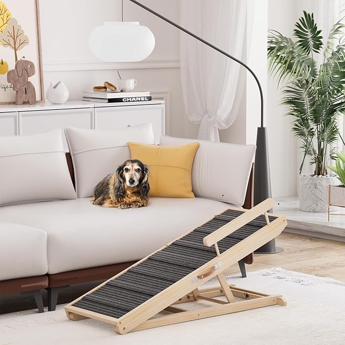 Dog Ramp for Bed, Couch, Car, Folding Pet Ramps 44.48" Long Adjustable 15"-22" Wooden Stairs with High Traction Mat & Safety Side Rails for Small & Medium Old Dogs & Cats, up to 200 lbs-PurrikoPets