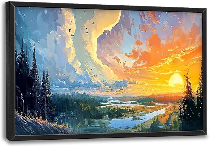 Framed Large Sunrise Wall Art for Living Room, Oversized Sunrise Wall Decor Forest Lake Landscape Canvas Print Natural Picture Home Decoration for Bedroom Living Room Office 36"x24"-PurrikoPets