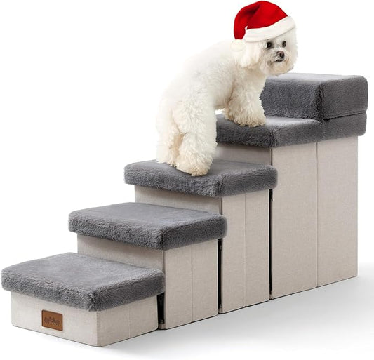 Dog Stair for Small Dogs with Storage, Foldable Pet Step with Soft Cover, Older Cat Ramp for Chair Couch Sofa, Lightweight, Durable, Comfort, 39.7x13x21.2 inch, 5 Tiers, Grey-PurrikoPets