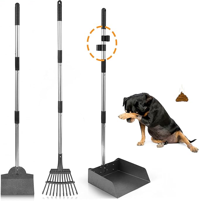 Dog Pooper Scooper, Adjustable Handle Poop Scooper with Tray,Rake and Spade Set of 3, Steel Stainless Poop Scoop for Medium Large Dogs and Pet Waste on Grass, Dirt and Gravel (Large Size)-PurrikoPets