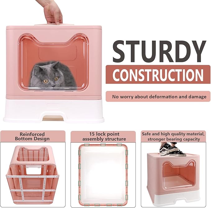 Foldable Cat Litter Box with Lid, Enclosed Potty, Large Top Entry Anti-Splashing Toilet, Easy to Clean Including Litter Scoop and 2-in-1 Cleaning Brush (Pink)-PurrikoPets