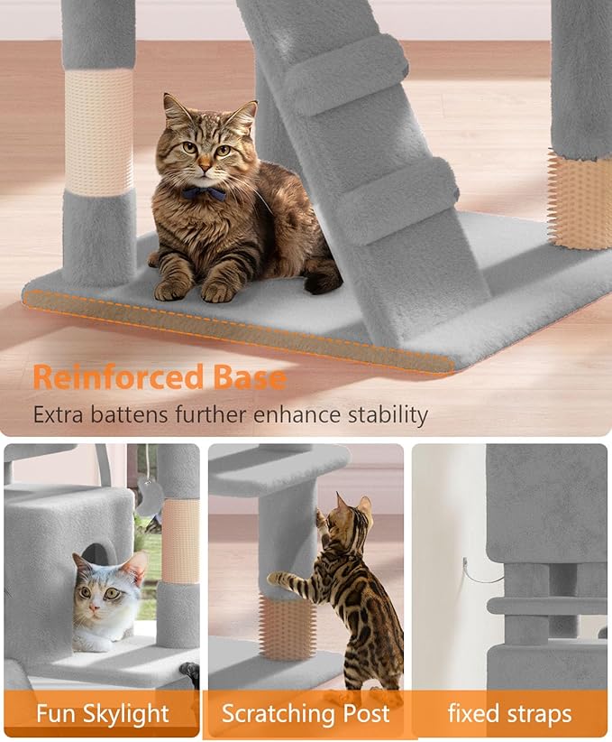 60'' Cat tree Tower for Indoor Cats Large Adult,Cute/Tall Modern Cat Tree for Big Cats 20 lbs,Plush Multi-Level Cat Condo with Scratching Posts,Dangling Ball for fun play(Light Gray, 60 inch)-PurrikoPets