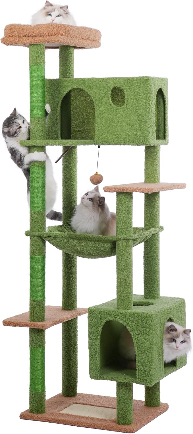72” Cat Tree for Large Cats Big Cat Tower with Enlarged Hammock 21.6x17.7” Spacious Cats Condo House and Roomy Top Bed and Multiple Scratch Posts for Indoor Adult Cats (Green, XLarge-72)-PurrikoPets