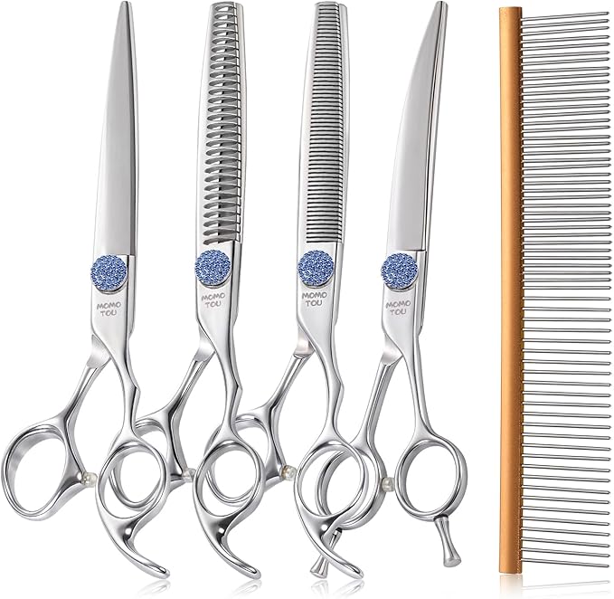 7.5'' Dog Grooming Scissors Set with Blue Diamond Adjustable Screws CNC 440C Stainless Steel Thinner Chunker Straight Curved Shears with Comb Sharp and Durable-PurrikoPets
