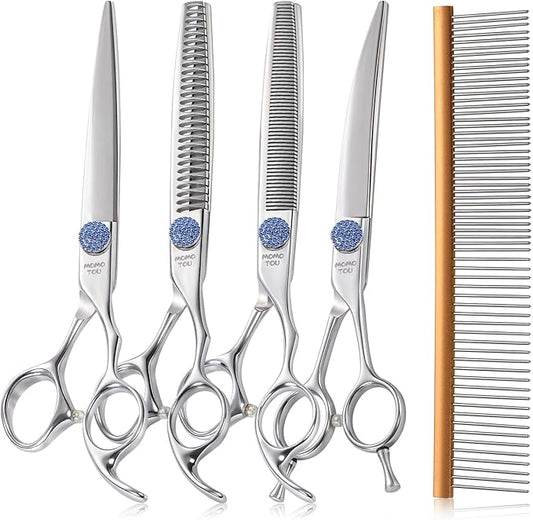 7'' Dog Grooming Scissors Set with Blue Diamond Adjustable Screws CNC 440C Stainless Steel Thinner Chunker Straight Curved Shears with Comb Sharp and Durable-PurrikoPets