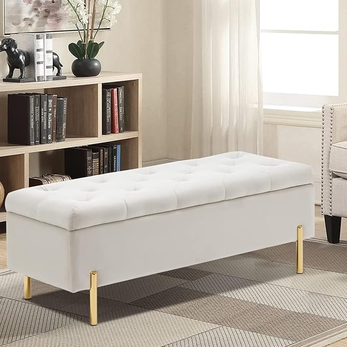 45.6 Inch Velvet Storage Bench Upholstered Tufted Settee Ottoman Bench with Storage, Bed End Bench with Soft Close Lid, for Bedroom, Living Room, Entryway, Rectangular Accent Bench, Beige-PurrikoPets