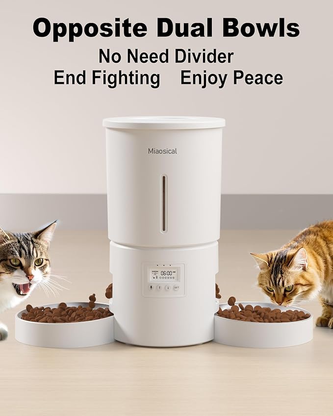 Dual Automatic Cat Feeder 2 Cats,6 Meals/Day,12 Portions/Meal,4.2L Dual Power Double Bowls Feeder,Dry Food Auto Pet Dispenser,10S Voice Record,Flexible Schedule Timer(White,Stainless Dual Bowls)-PurrikoPets