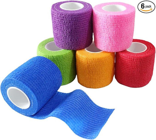 6 Pack 2" x 5 Yards Self Adhesive Bandage Wrap Breathable Cohesive Vet Wrap for Pets, Elastic Self-Adherent Tape for Sports, Wrist, Ankle (Mixed Colors)-PurrikoPets
